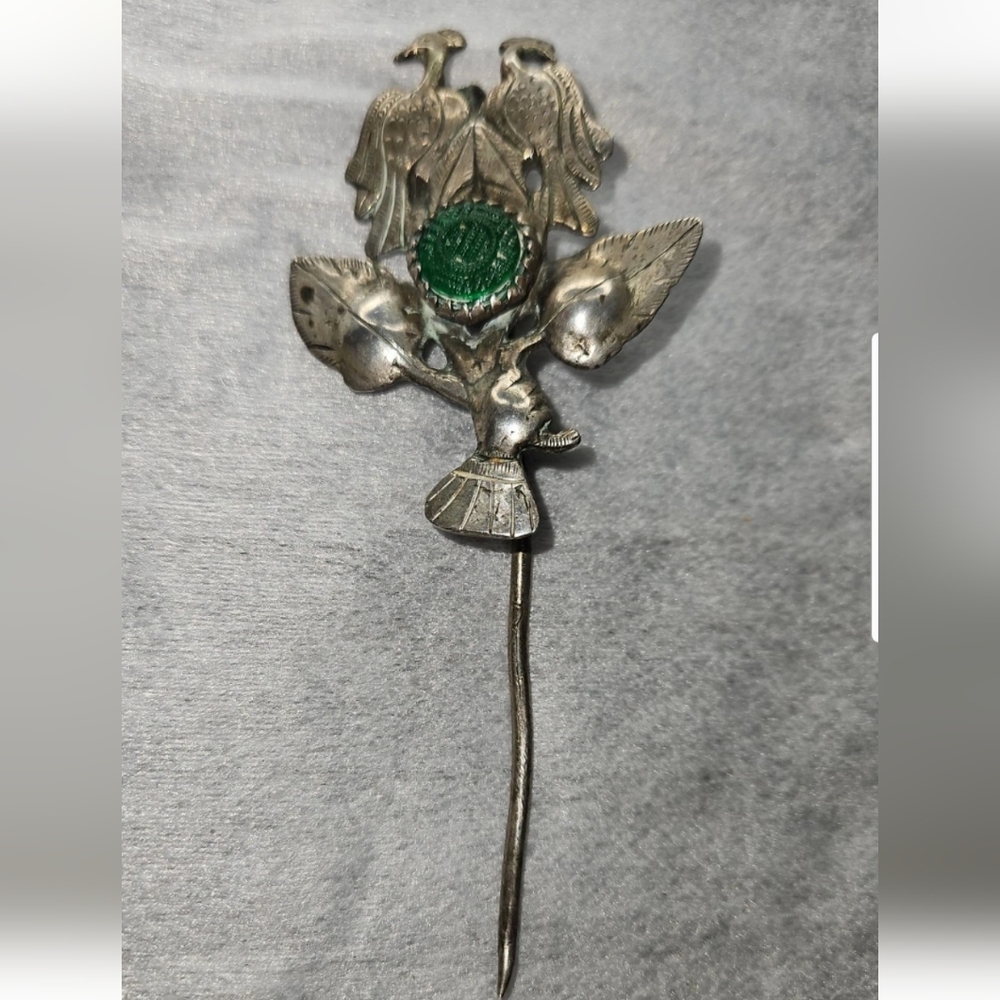 Antique Peruvian Spanish Tupu Silver Shawl Pin Hand Grasping Leaves Peacock
